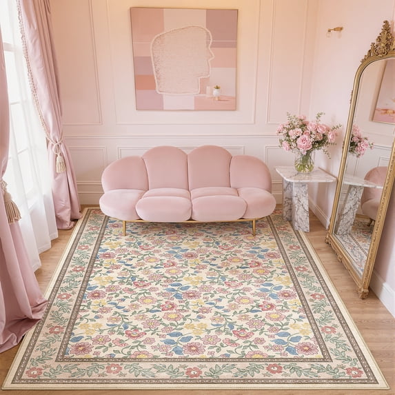 Toyoso 5x7 French Country Vintage Floral Rug - Classic Cream & Rose Silicone Area Carpet, 0.25" Low Profile Machine Washable Non-Slip Rug, Stain Resistant Traditional Rose Design for Bedroom