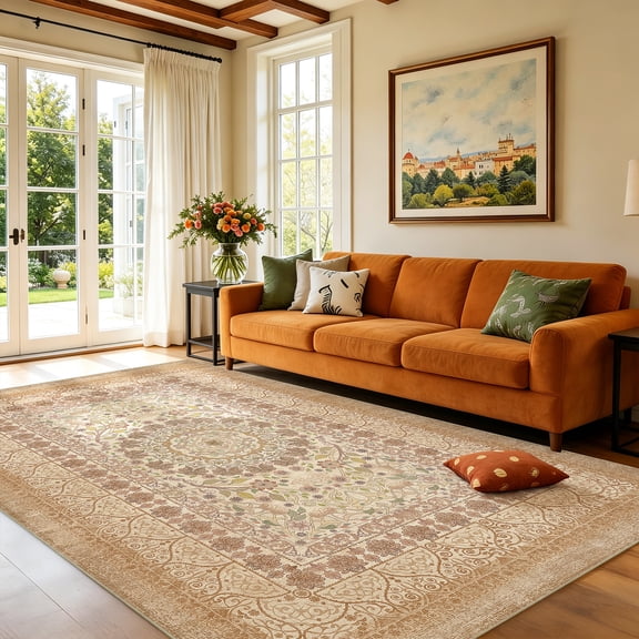 Toyoso 5x7 Traditional Oriental Area Rug, Classic Floral Scroll Carpet, 0.25 inch Slim Low Pile Machine Washable Non Slip Decorative Floor Rug for Bedroom, Ivory Champagne