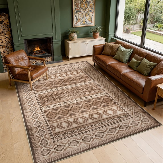 Toyoso 5'x7' Southwestern Tribal Area Rug, Boho Geometric Silicone Carpet, 0.25" Low Pile Machine Washable Floor Rug, Non-Slip Heritage Pattern Rug for Living Room and Master Bedroom Decor