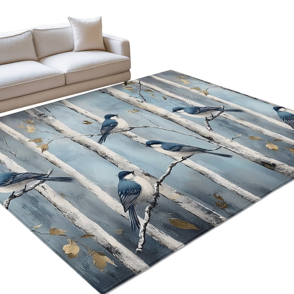Area Rug 5x7ft Bird Tree Leaves Washable Area Rugs for Living Room Oil Painting Non Slip Floor Carpet Mat for Kitchen Entryway Bathroom Office Home Decor