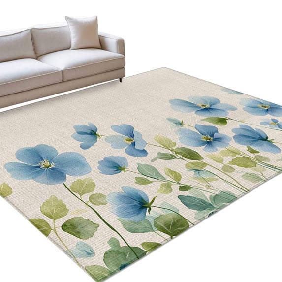 Area Rug 5x7ft Blue Flower Washable Area Rugs for Living Room Retro ...