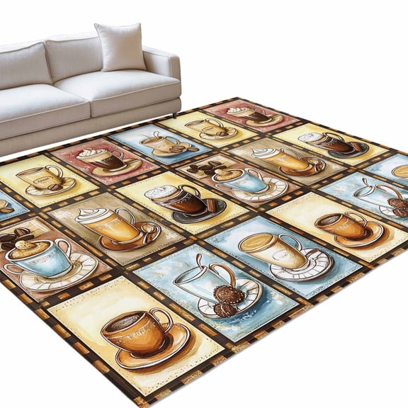 Area Rug 5x7ft Coffee Theme Washable Area Rugs for Living Room Retro Splicing Art Non Slip Floor Carpet Mat for Kitchen Entryway Bathroom Office Home Decor