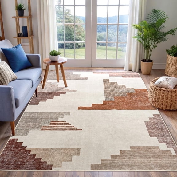 Area Rug 5x7ft Geometric Abstract for Bedroom Pyramid Steps Design Modern Orange Rug Low Pile Home Office Contemporary Decorative Washable Rugs Living Room Dining Room Living Game Independence