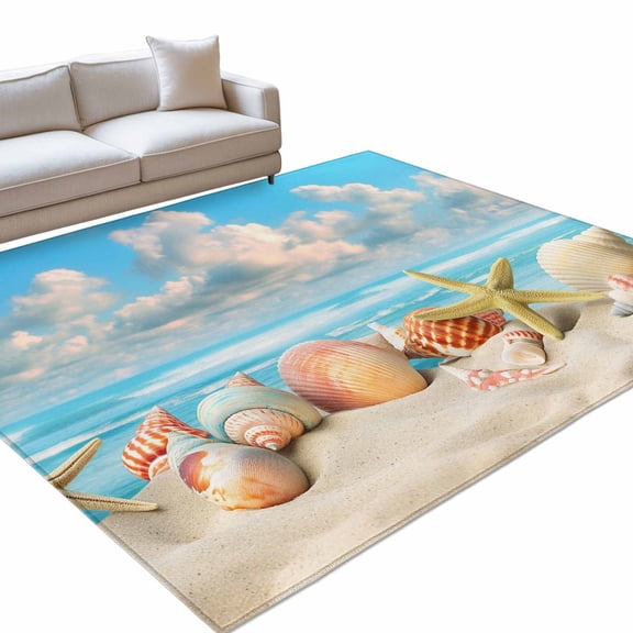 Area Rug 5x7ft Ocean Shell Washable Area Rugs for Living Room Beach Theme Starfish Conch Non Slip Floor Carpet Mat for Kitchen Entryway Bathroom Office Home Decor