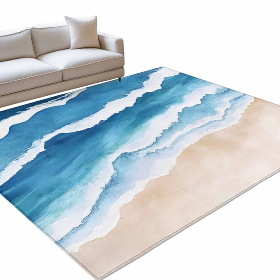 Area Rug 5x7ft Ombre Blue White Wave Beach Washable Area Rugs for Living Room Watercolor Ocean Non Slip Floor Carpet Mat for Kitchen Entryway Bathroom Office Home Decor