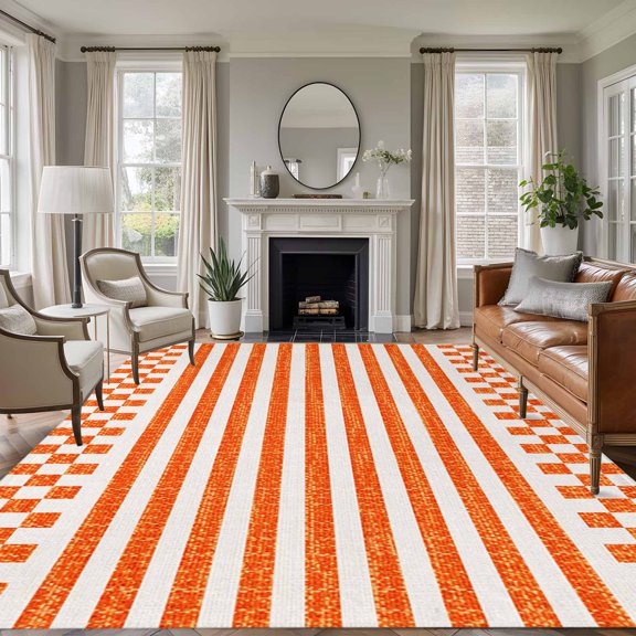 Area Rug 5x7ft, Orange Stripe Plaid Washable Rugs for Living Room Bedroom, Retro Rustic Buffalo Checker Soft Non-slip Area Rugs Rectangle Floor Carpet for Dining Room