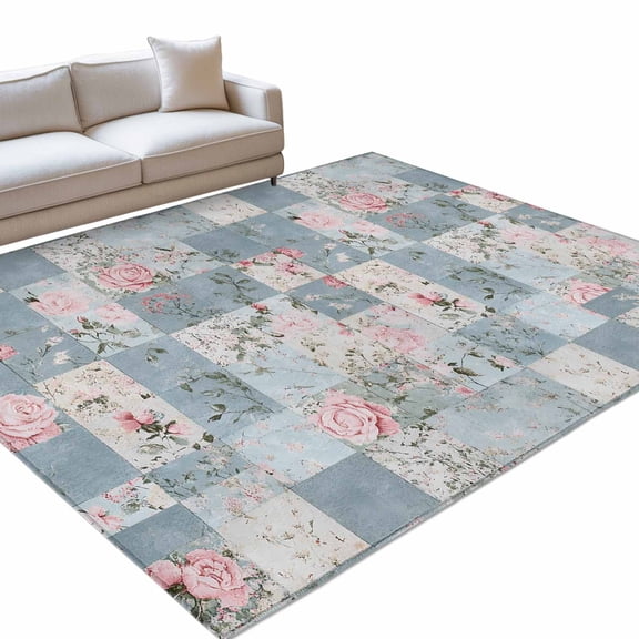 Area Rug 5x7ft Pink Floral Washable Area Rugs for Living Room Farmhouse Blue Vintage Floral Non Slip Floor Carpet Mat for Kitchen Entryway Bathroom Office Home Decor