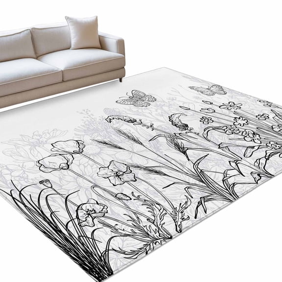 Area Rug 5x7ft Simple Style Floral Washable Area Rugs for Living Room Grey Plant Line Art Non Slip Floor Carpet Mat for Kitchen Entryway Bathroom Office Home Decor