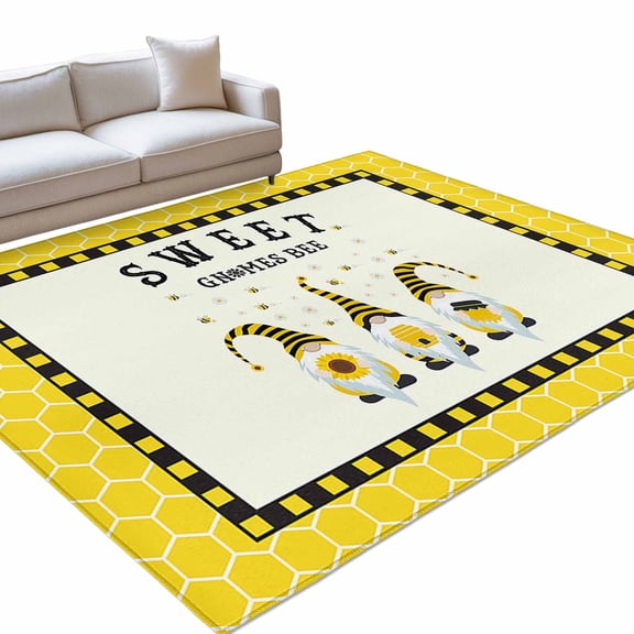Area Rug 5x7ft Sweet Gnomes Bee Washable Area Rugs for Living Room Daisy Flower Bee Honeycomb Cute Non Slip Floor Carpet Mat for Kitchen Entryway Bathroom Office Home Decor