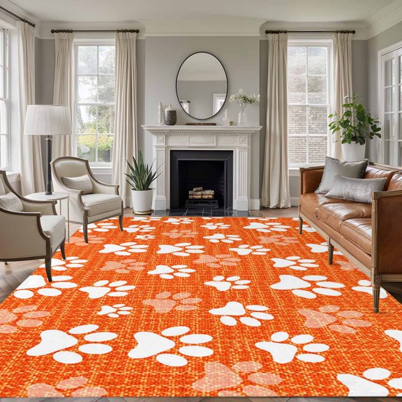 Area Rug 5x7ft, White Paw Prints Washable Rugs for Living Room Bedroom, Pet Paws Orange Linen Soft Non-slip Area Rugs Rectangle Floor Carpet for Dining Room