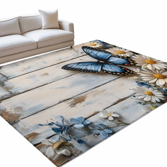 Area Rug 5x7ft Wood Grain Washable Area Rugs for Living Room Blue Butterfly Flower Non Slip Floor Carpet Mat for Kitchen Entryway Bathroom Office Home Decor