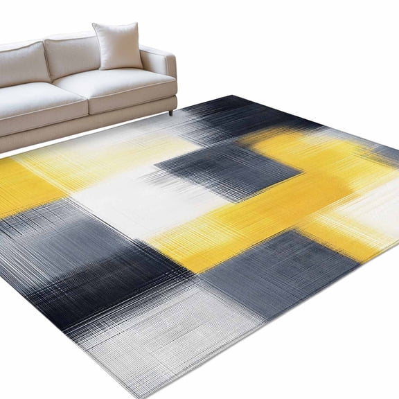 Area Rug 5x7ft Yellow Black Block Washable Area Rugs for Living Room Retro Art Non Slip Floor Carpet Mat for Kitchen Entryway Bathroom Office Home Decor
