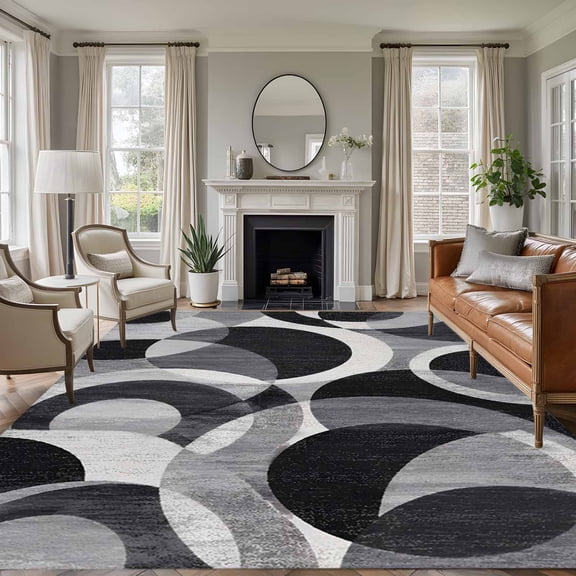Area Rug 5x8ft, Abstract Black Gray Circle Washable Rugs for Living Room Bedroom, Abstract Geometric Art Soft Non-slip Area Rugs Rectangle Floor Carpet for Dining Room