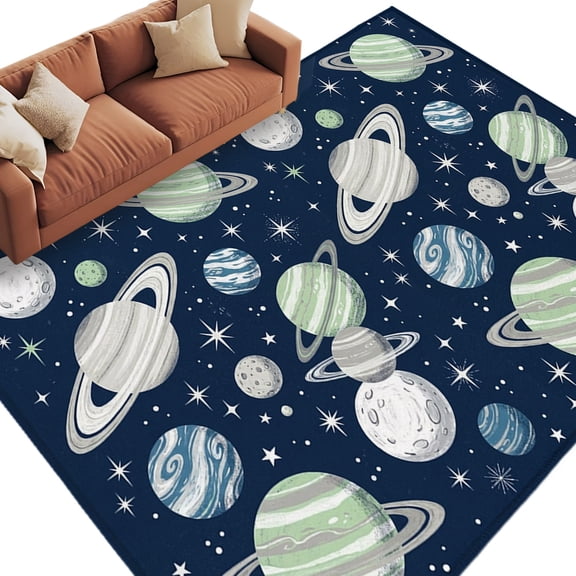 Area Rug 5x8ft, Abstract Navy White Sage Planets Stars Washable Rugs for Living Room Bedroom, Saturn Rings Soft Non-slip Area Rugs Rectangle Floor Carpet for Dining Room