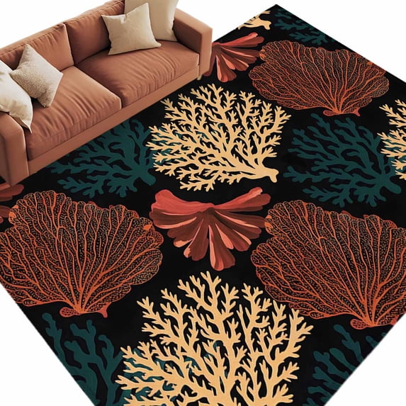 Coral Color Rug Area Rug 5x8ft, Abstract Ocean Coral on Black Washable Rugs for Living ...