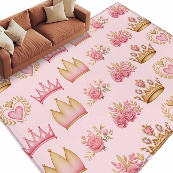 Area Rug 5x8ft, Abstract Pink Flowers Princess Crown Washable Rugs for Living Room Bedroom, Rose Love Heart Soft Non-slip Area Rugs Rectangle Floor Carpet for Dining Room