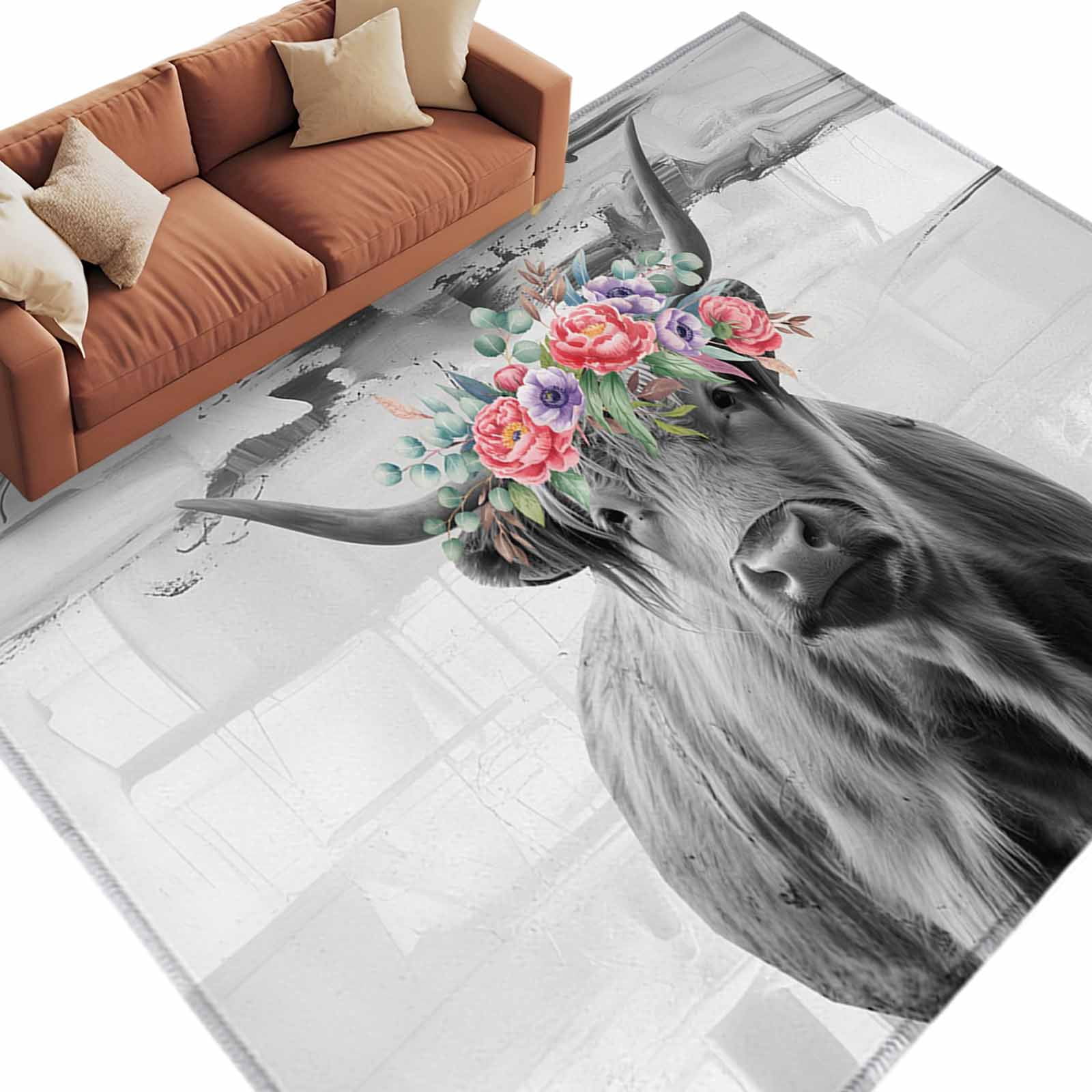 Area Rug 5x8ft, Abstract Red Purple Flowers Cow Washable Rugs for ...
