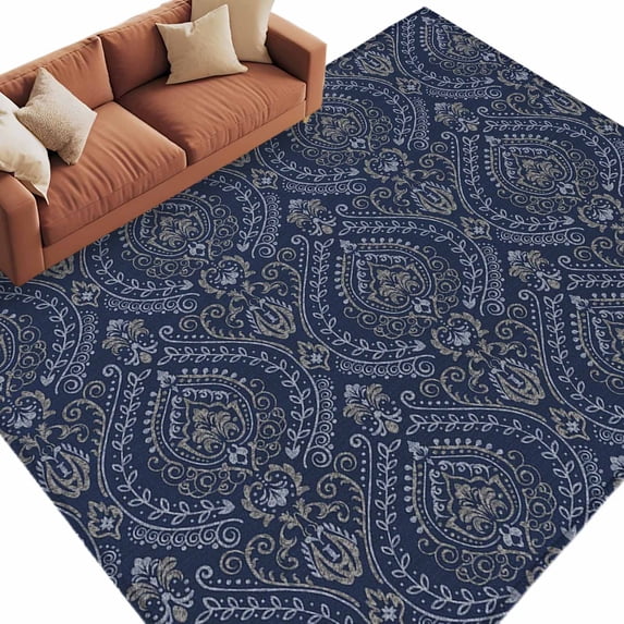 Area Rug 5x8ft, Baroque Dark Blue Retro Floral Texture Washable Rugs ...