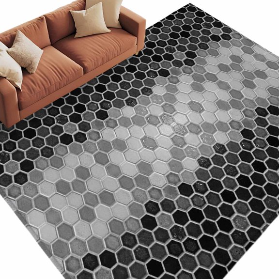 Area Rug 5x8ft, Black Gray Gradient Hexagon Washable Rugs for Living Room Bedroom, Abstract Honeycomb Grid Ombre Soft Non-slip Area Rugs Rectangle Floor Carpet for Dining Room