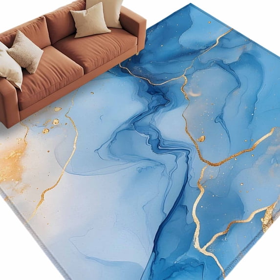 Area Rug 5x8ft, Blue Gradient Marble Gold Foil Washable Rugs for Living ...