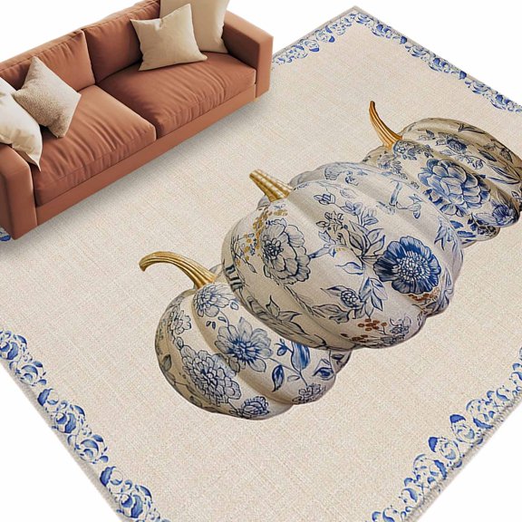 Area Rug 5x8ft, Blue White Porcelain Texture Pumpkin Washable Rugs for Living Room Bedroom, Flower Leaves on Farm Burlap Soft Non-slip Area Rugs Rectangle Floor Carpet for Dining Room