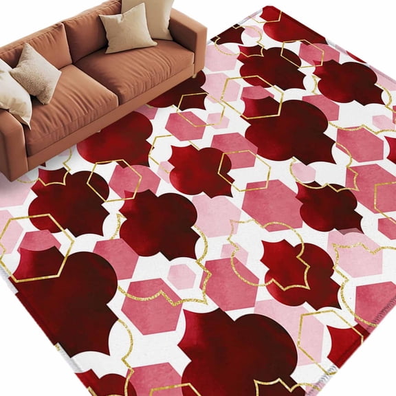 Area Rug 5x8ft, Burgundy Red Moroccan Texture Washable Rugs for Living Room Bedroom, Retro Geometric Pattern Soft Non-slip Area Rugs Rectangle Floor Carpet for Dining Room