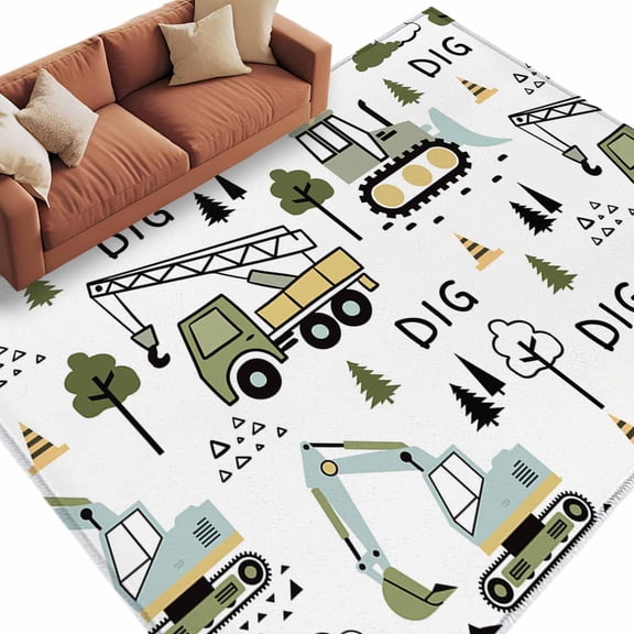 Area Rug 5x8ft, Cartoon Tractor Digger Shovel Washable Rugs for Living Room Bedroom, Cute Truck Car Themed Soft Non-slip Area Rugs Rectangle Floor Carpet for Dining Room