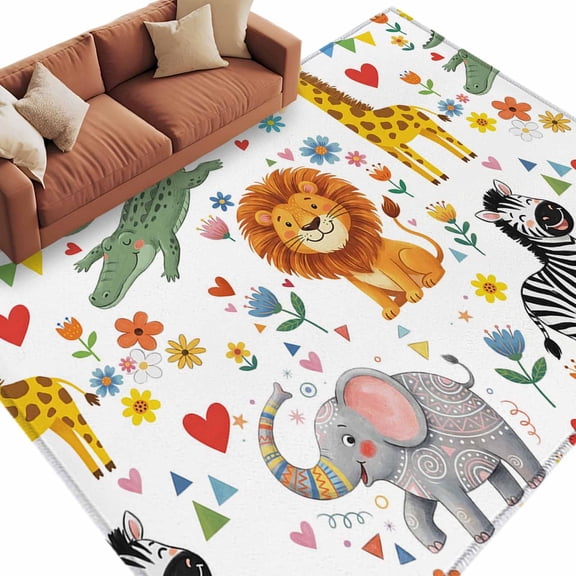 Area Rug 5x8ft, Children's Day Lion Elephant Washable Rugs for Living Room Bedroom, Giraffe Zebra Crocodile Soft Non-slip Area Rugs Rectangle Floor Carpet for Dining Room