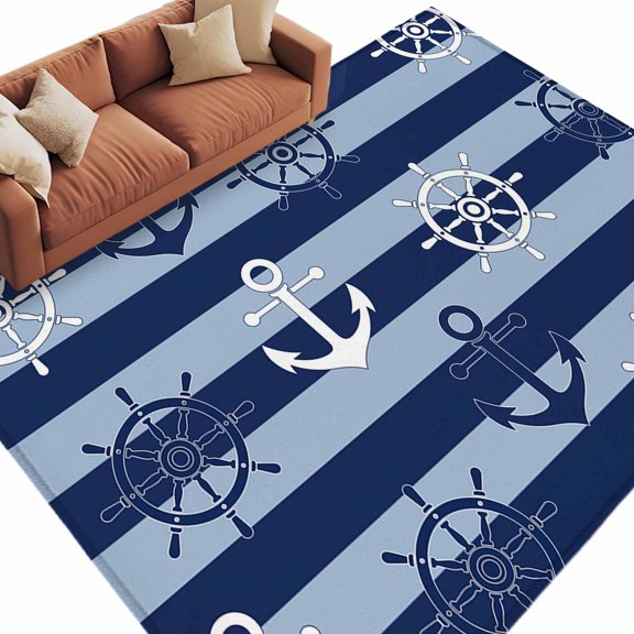 Area Rug 5x8ft, Coastal Anchor Compass Washable Rugs for Living Room Bedroom, Nautical Theme Navy Blue Stripe Soft Non-slip Area Rugs Rectangle Floor Carpet for Dining Room