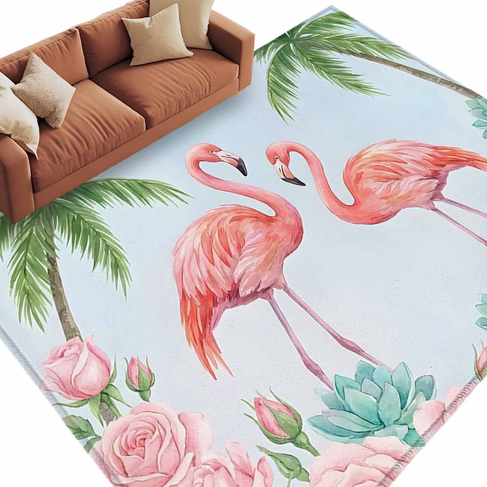 Area Rug 5x8ft, Coastal Flamingo Pink Rose Washable Rugs for Living ...