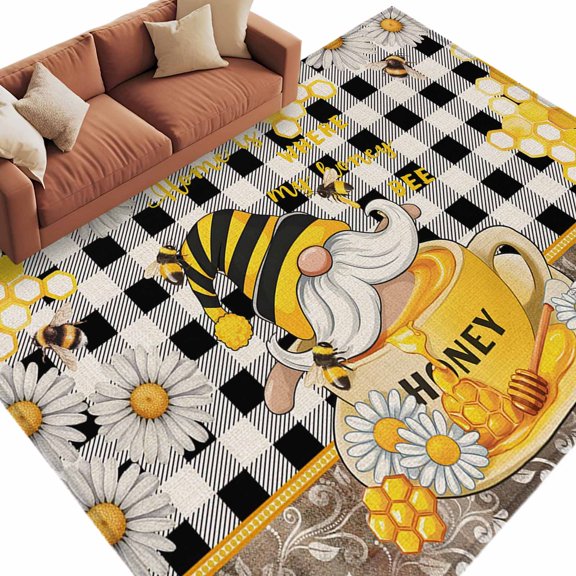 Area Rug 5x8ft, Coffee Cup Bee Gnome Black Buffalo Plaid Washable Rugs for Living Room Bedroom, Yellow Daisy Flower Soft Non-slip Area Rugs Rectangle Floor Carpet for Dining Room