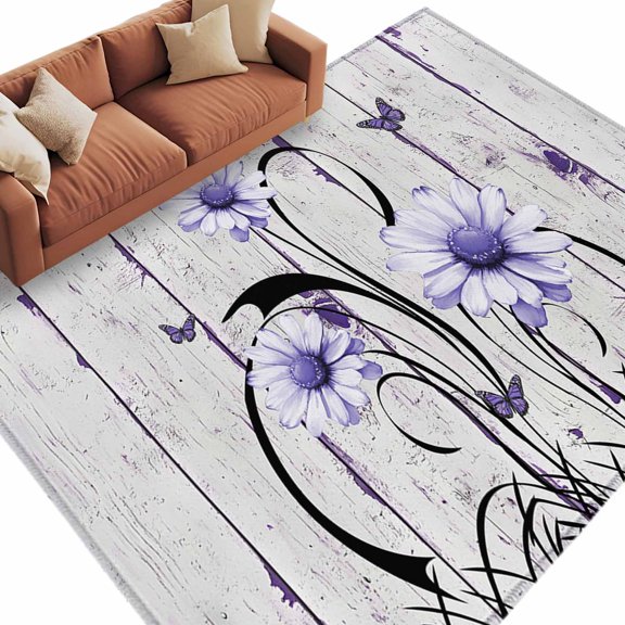 Area Rug 5x8ft, Country Gradient Purple Daisy Washable Rugs for Living Room Bedroom, Butterfly on Wood Grain Soft Non-slip Area Rugs Rectangle Floor Carpet for Dining Room