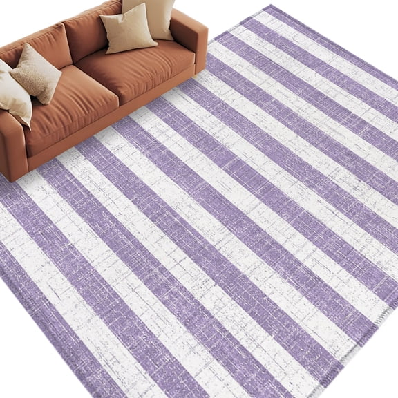 Area Rug 5x8ft, Country Vintage Linen Stripe Washable Rugs for Living Room Bedroom, Retro Purple Line Soft Non-slip Area Rugs Rectangle Floor Carpet for Dining Room