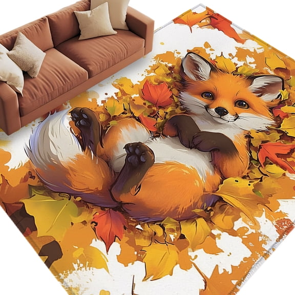 Area Rug 5x8ft, Cute Fox Lying in Orange Maple Leaves Washable Rugs for Living Room Bedroom, Autumn Botanical Animal Soft Non-slip Area Rugs Rectangle Floor Carpet for Dining Room