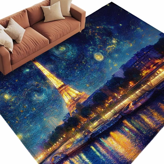 Area Rug 5x8ft, Eiffel Tower River Starry Sky Washable Rugs for Living Room Bedroom, Romantic City Lights Soft Non-slip Area Rugs Rectangle Floor Carpet for Dining Room