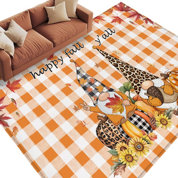 Area Rug 5x8ft, Fall Dwarf Pumpkin Harvest Washable Rugs for Living Room Bedroom, Thanksgiving Leaf on Orange Soft Non-slip Area Rugs Rectangle Floor Carpet for Dining Room