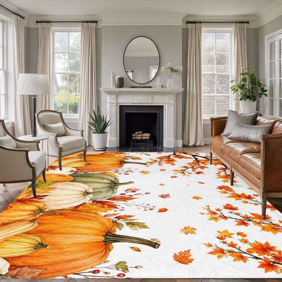 Area Rug 5x8ft, Fall Maple Leaf Thanksgiving Pumpkin Washable Rugs for Living Room Bedroom, Watercolor Autumn Plant Soft Non-slip Area Rugs Rectangle Floor Carpet for Dining Room
