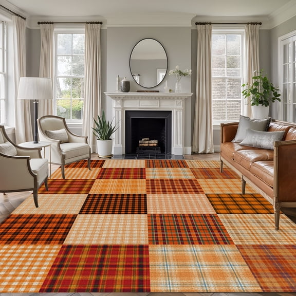 Area Rug 5x8ft, Fall Orange Plaid Gingham Check Washable Rugs for Living Room Bedroom, Farm Tartan Soft Non-slip Area Rugs Rectangle Floor Carpet for Dining Room