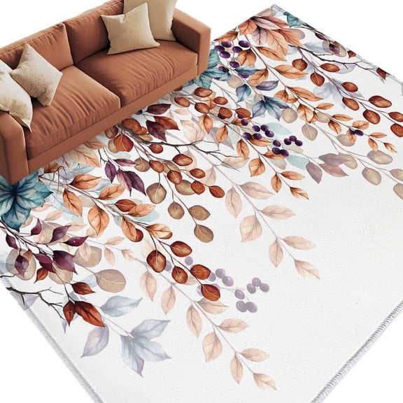 Area Rug 5x8ft, Fall Orange Watercolor Eucalyptus Leaves Washable Rugs for Living Room Bedroom, Fallen Leaf on White Soft Non-slip Area Rugs Rectangle Floor Carpet for Dining Room