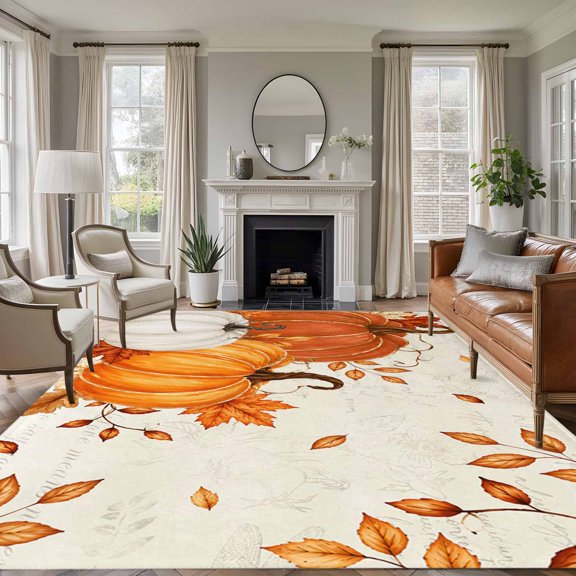 Area Rug 5x8ft, Fall Orange White Pumpkins Washable Rugs for Living Room Bedroom, Thanksgiving Maple Leaves Soft Non-slip Area Rugs Rectangle Floor Carpet for Dining Room