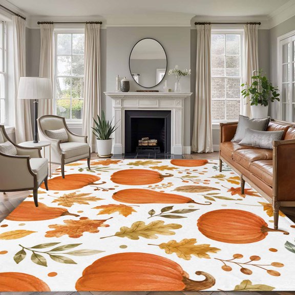 Area Rug 5x8ft, Fall Thanksgiving Pumpkins Washable Rugs for Living Room Bedroom, Autumn Maple Leaves Soft Non-slip Area Rugs Rectangle Floor Carpet for Dining Room