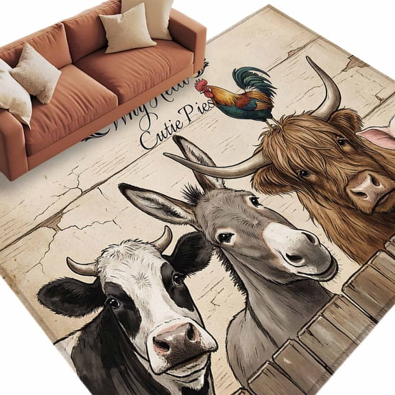 Area Rug 5x8ft, Farm Cow Donkey Pig Rooster Washable Rugs for Living Room Bedroom, Retro Wood Fence Shabby Wall Soft Non-slip Area Rugs Rectangle Floor Carpet for Dining Room