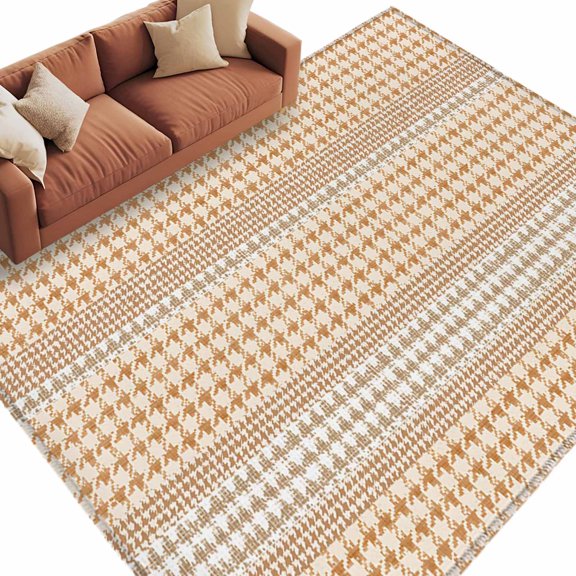 Area Rug 5x8ft, Farm Lattice Houndstooth Pattern Washable Rugs for Living Room Bedroom, Rustic Beige Khaki Plaid Soft Non-slip Area Rugs Rectangle Floor Carpet for Dining Room