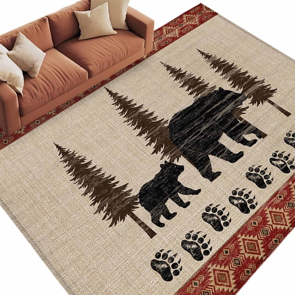 Area Rug 5x8ft, Farmhouse Black Bear Paw Prints Washable Rugs for Living Room Bedroom, Forest Animal Tree Retro Linen Soft Non-slip Area Rugs Rectangle Floor Carpet for Dining Room
