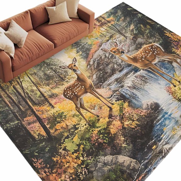 Area Rug 5x8ft, Farmhouse Deer Plant River Washable Rugs for Living Room Bedroom, Forest Botanical Animal Theme Soft Non-slip Area Rugs Rectangle Floor Carpet for Dining Room