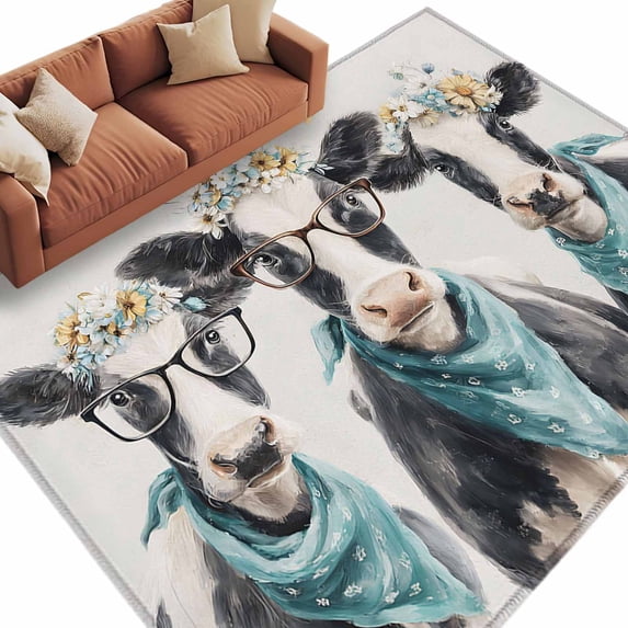 Area Rug 5x8ft, Farmhouse Flower Cow with Glasses Washable Rugs for ...