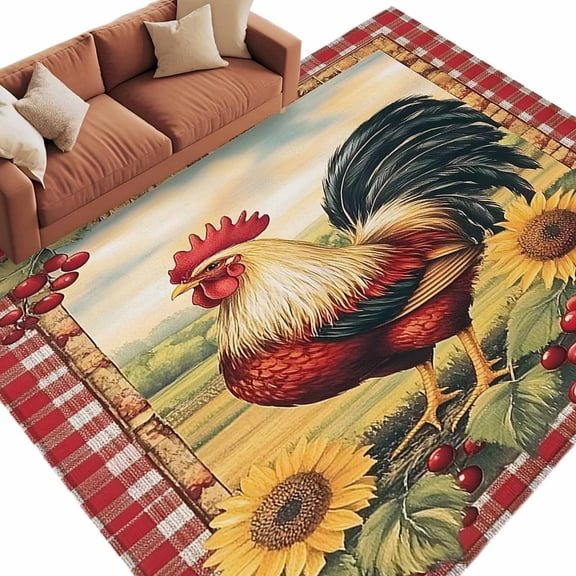 Area Rug 5x8ft, Farmhouse Rooster Sunflower Berry Washable Rugs for Living Room Bedroom, Red Plaid Soft Non-slip Area Rugs Rectangle Floor Carpet for Dining Room