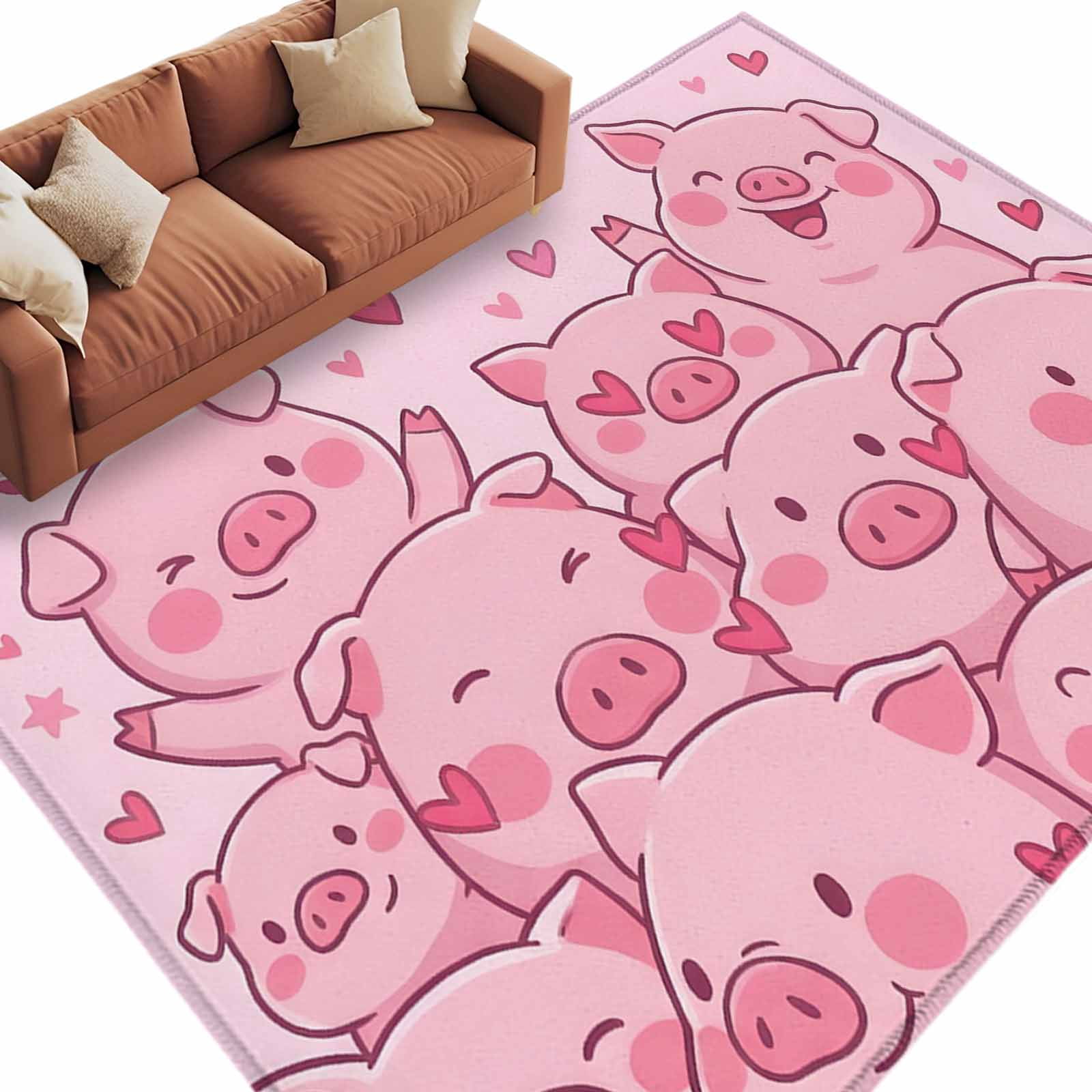 Area Rug 5x8ft, Funny Cartoon Pink Pig Hearts Washable Rugs for Living ...