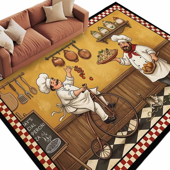 Area Rug 5x8ft, Funny Kitchen Chef Pizza Toss Washable Rugs for Living Room Bedroom, Classic Red Checked Soft Non-slip Area Rugs Rectangle Floor Carpet for Dining Room