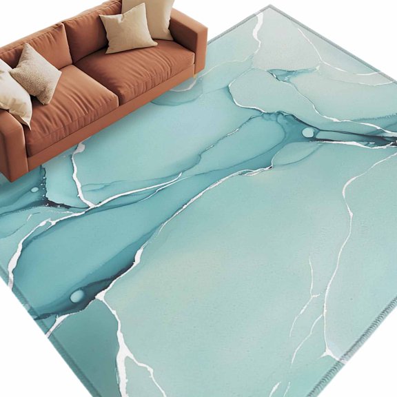 Area Rug 5x8ft, Gradient Marble Agate Stone Washable Rugs for Living Room Bedroom, Aqua White Ombre Lines Soft Non-slip Area Rugs Rectangle Floor Carpet for Dining Room